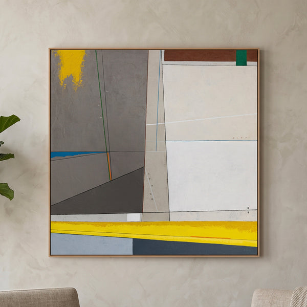 Abstract Wall Art — Large Minimalist Grey Yellow Original Oil Painting, Textured Canvas — "Linea et Spatium"