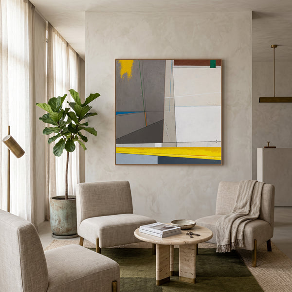 Abstract Wall Art — Large Minimalist Grey Yellow Original Oil Painting, Textured Canvas — "Linea et Spatium"