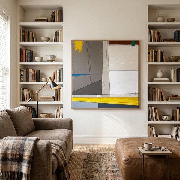 Abstract Wall Art — Large Minimalist Grey Yellow Original Oil Painting, Textured Canvas — "Linea et Spatium"