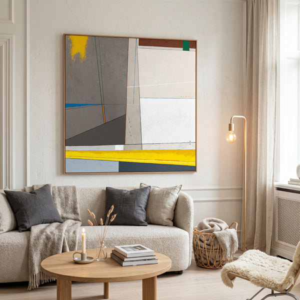 Abstract Wall Art — Large Minimalist Grey Yellow Original Oil Painting, Textured Canvas — "Linea et Spatium"
