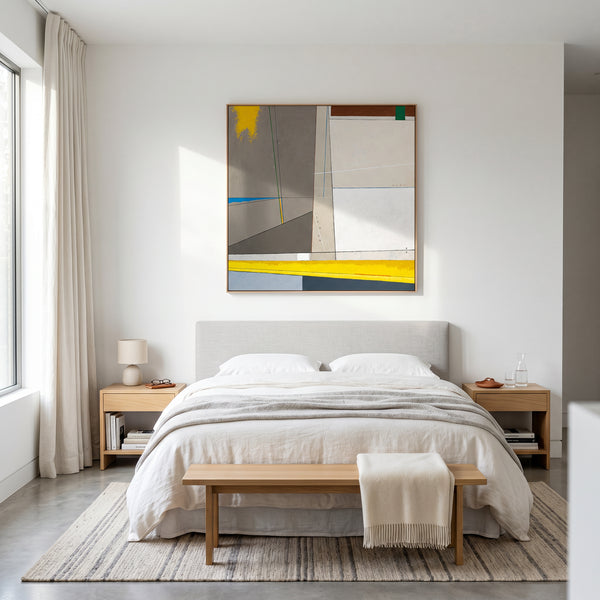 Abstract Wall Art — Large Minimalist Grey Yellow Original Oil Painting, Textured Canvas — "Linea et Spatium"
