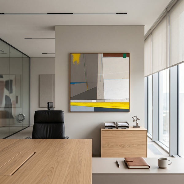 Abstract Wall Art — Large Minimalist Grey Yellow Original Oil Painting, Textured Canvas — "Linea et Spatium"