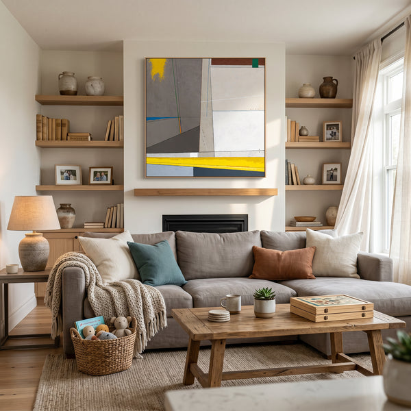 Abstract Wall Art — Large Minimalist Grey Yellow Original Oil Painting, Textured Canvas — "Linea et Spatium"