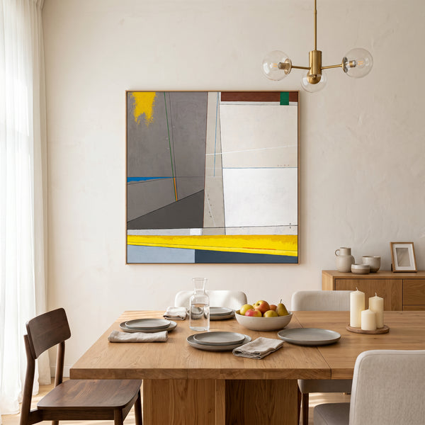 Abstract Wall Art — Large Minimalist Grey Yellow Original Oil Painting, Textured Canvas — "Linea et Spatium"
