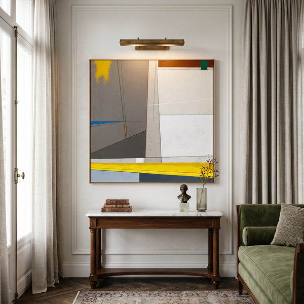 Abstract Wall Art — Large Minimalist Grey Yellow Original Oil Painting, Textured Canvas — "Linea et Spatium"