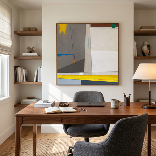 Abstract Wall Art — Large Minimalist Grey Yellow Original Oil Painting, Textured Canvas — "Linea et Spatium"