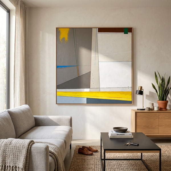 Abstract Wall Art — Large Minimalist Grey Yellow Original Oil Painting, Textured Canvas — "Linea et Spatium"