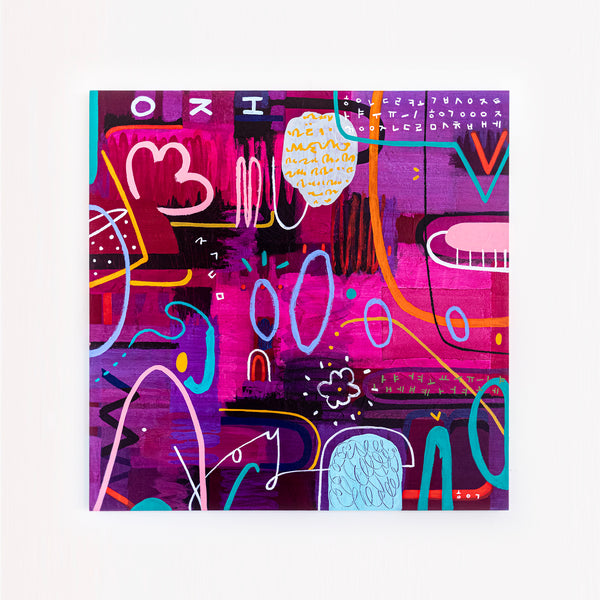 Large Abstract Pop Composition Painting in Acrylic, A Striking Modern Contemporary Canvas Wall Art | Locked in magenta (46"x46")