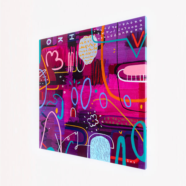Large Abstract Pop Composition Painting in Acrylic, A Striking Modern Contemporary Canvas Wall Art | Locked in magenta (46"x46")
