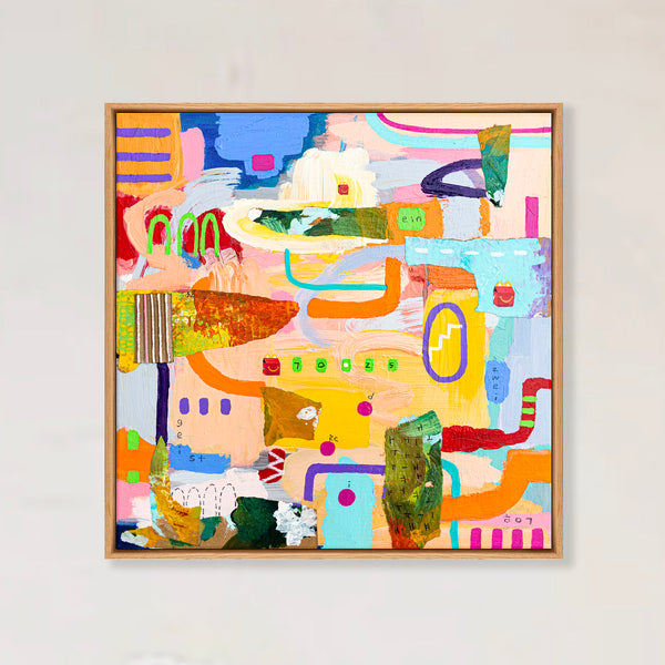 Abstract Painting – Original Wall Art – Acrylic Oil Painting & Mixed Media on Canvas – Modern Playful Bright – "Ludus II" – 16"x16" (40x40cm)