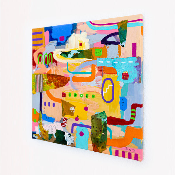 Abstract Painting – Original Wall Art – Acrylic Oil Painting & Mixed Media on Canvas – Modern Playful Bright – "Ludus II" – 16"x16" (40x40cm)