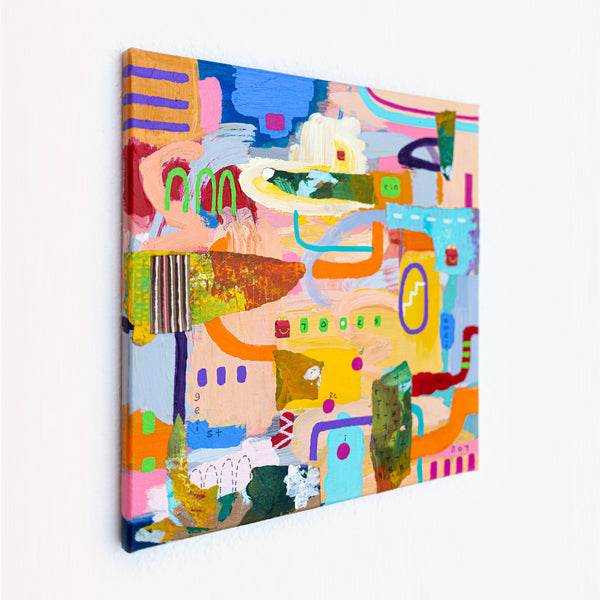 Abstract Painting – Original Wall Art – Acrylic Oil Painting & Mixed Media on Canvas – Modern Playful Bright – "Ludus II" – 16"x16" (40x40cm)