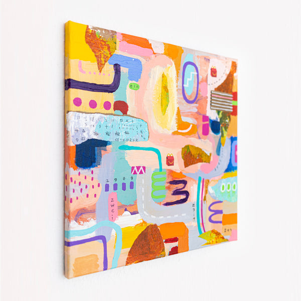 Abstract Painting – Original Wall Art – Acrylic Oil Painting & Mixed Media on Canvas – Modern Playful Bright – "Ludus I" – 16"x16" (40x40cm)
