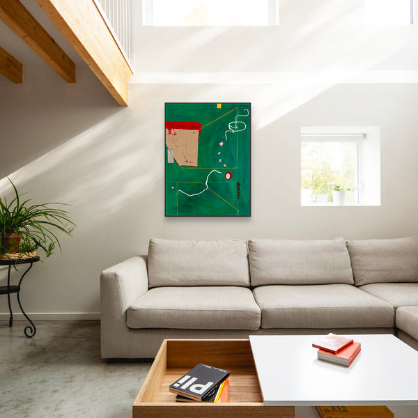 Acrylic & Oil in Green Abstract Original Painting, Modern Canvas Wall Art with Minimal Objects | Lusio (30"x40")