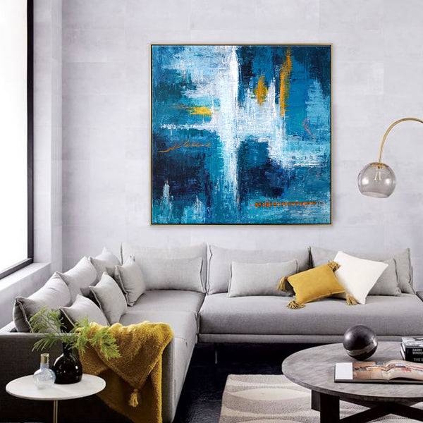 Original Abstract Acrylic Painting, Large Modern Canvas Art Brought to Life in Blue Expressionism | Measurement