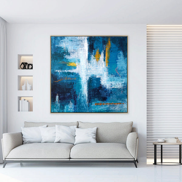 Original Abstract Acrylic Painting, Large Modern Canvas Art Brought to Life in Blue Expressionism | Measurement