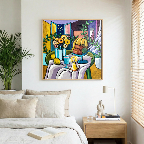 Abstract Still Life Painting – Original Wall Art – Oil & Acrylic on Canvas – Mensa Sub Stellis (24"x24")