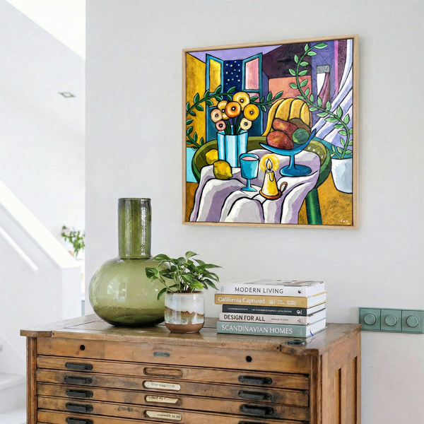 Abstract Still Life Painting – Original Wall Art – Oil & Acrylic on Canvas – Mensa Sub Stellis (24"x24")