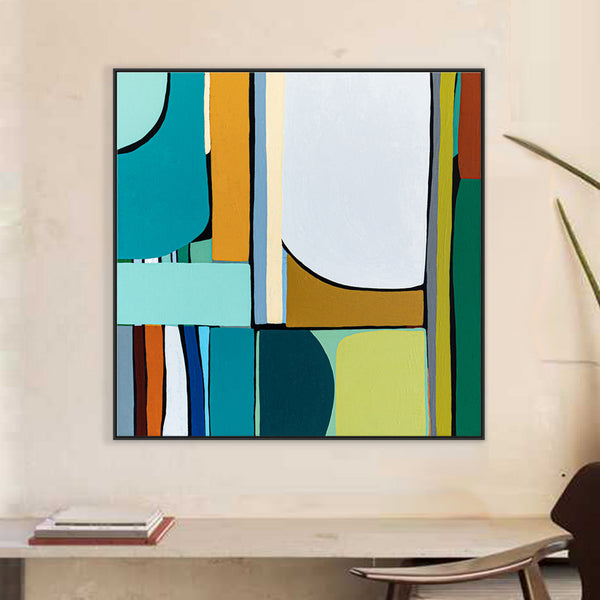 Original Abstract Colorful Painting, Unique Modern Minimalist Canvas Wall Art | Mid-century Rendezvous (36"x36")