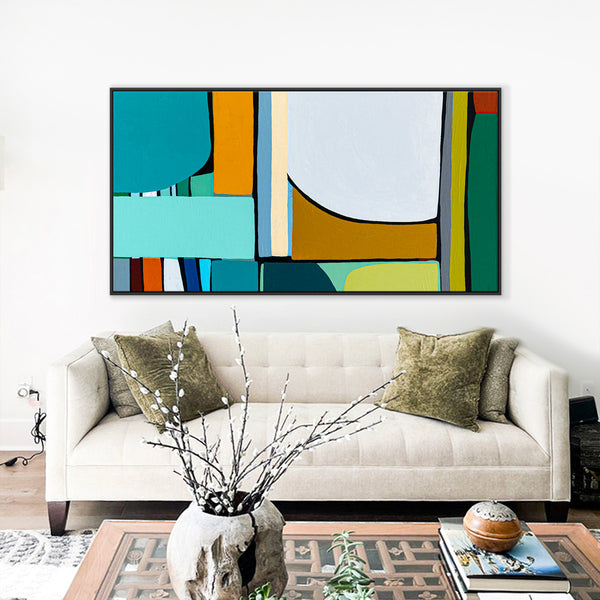 Original Abstract Painting in Acrylic, Modern Minimalist Canvas Wall Art | Mid-century Rendezvous (Horizontal Ver.)