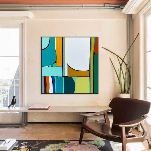 Original Abstract Colorful Painting in Acrylic, Unique Modern Minimalist Canvas Wall Art | Mid-century Rendezvous