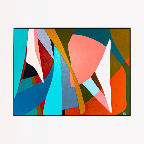 Large Orange Blue Abstract Wall Art — Original Oil Painting, Textured Canvas — "Mid-century rally" (40"x30" | 102x76cm)