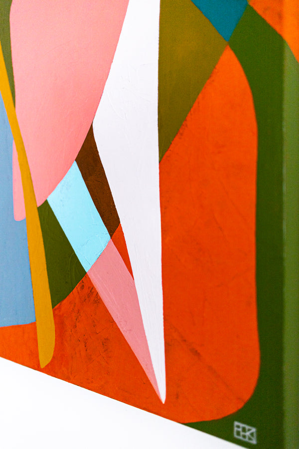 Large Orange Blue Abstract Wall Art — Original Oil Painting, Textured Canvas — "Mid-century rally" (40"x30" | 102x76cm)