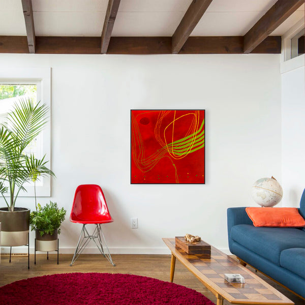 Red-toned Abstract Acrylic and Oil Painting with Minimalist Line Work, Modern Canvas Wall Art | Musica (36"x36")