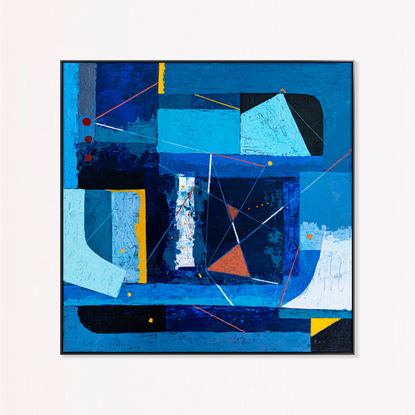 Bold Blue Geometric Abstract Wall Art — Modern Original Oil Painting, Textured Canvas — "Nexus Tacitus"