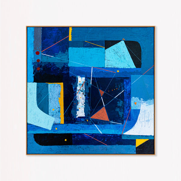 Bold Blue Geometric Abstract Wall Art — Modern Original Oil Painting, Textured Canvas — "Nexus Tacitus" (20"x20" | 51x51cm)