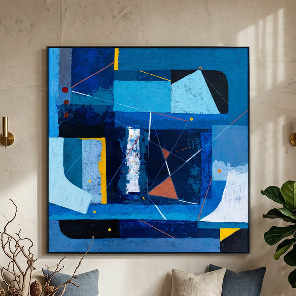 Bold Blue Geometric Abstract Wall Art — Modern Original Oil Painting, Textured Canvas — "Nexus Tacitus"