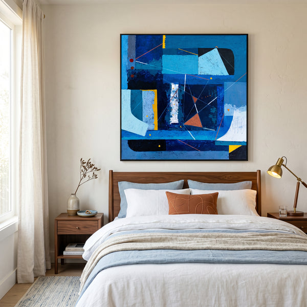 Bold Blue Geometric Abstract Wall Art — Modern Original Oil Painting, Textured Canvas — "Nexus Tacitus"