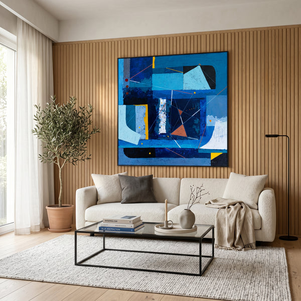 Bold Blue Geometric Abstract Wall Art — Modern Original Oil Painting, Textured Canvas — "Nexus Tacitus"