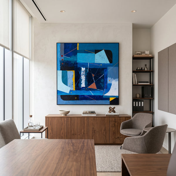 Bold Blue Geometric Abstract Wall Art — Modern Original Oil Painting, Textured Canvas — "Nexus Tacitus"