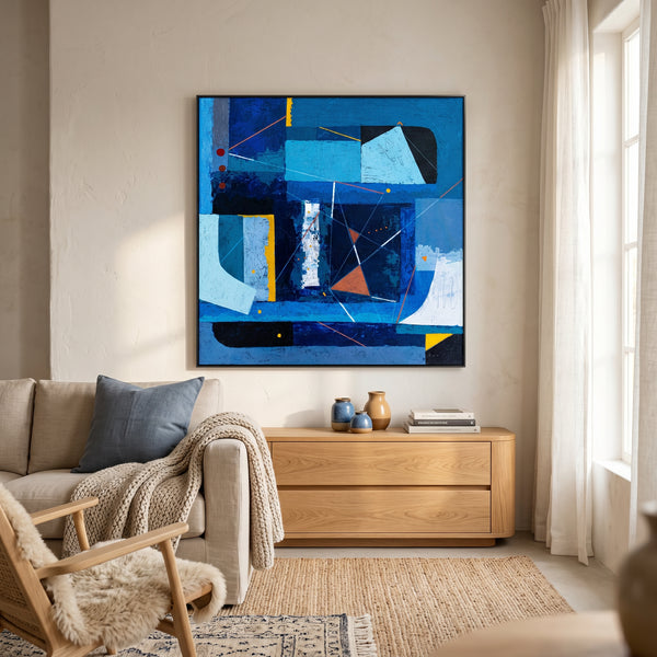 Bold Blue Geometric Abstract Wall Art — Modern Original Oil Painting, Textured Canvas — "Nexus Tacitus"