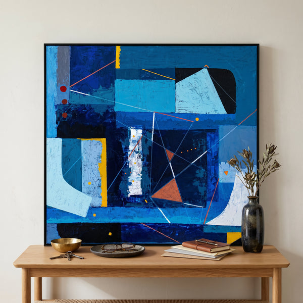 Bold Blue Geometric Abstract Wall Art — Modern Original Oil Painting, Textured Canvas — "Nexus Tacitus"
