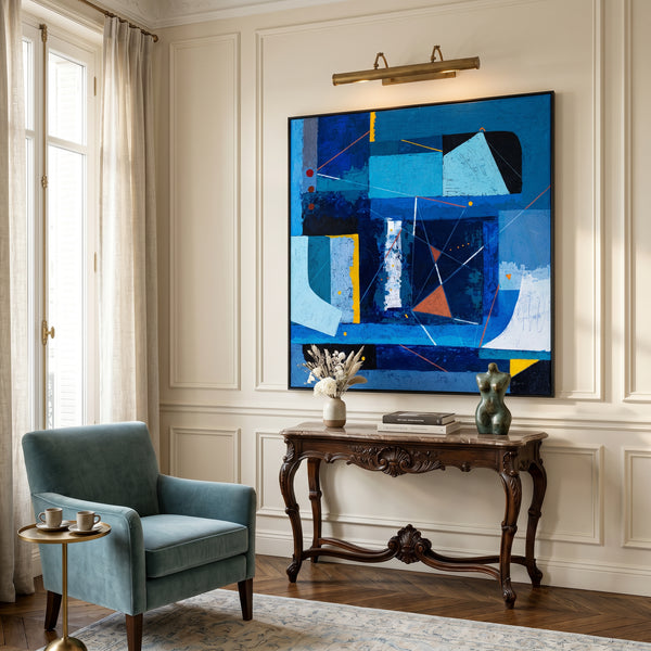 Bold Blue Geometric Abstract Wall Art — Modern Original Oil Painting, Textured Canvas — "Nexus Tacitus"