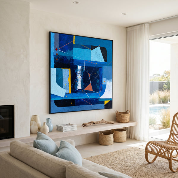 Bold Blue Geometric Abstract Wall Art — Modern Original Oil Painting, Textured Canvas — "Nexus Tacitus"
