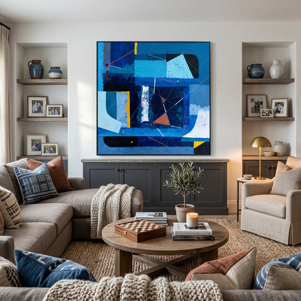 Bold Blue Geometric Abstract Wall Art — Modern Original Oil Painting, Textured Canvas — "Nexus Tacitus"