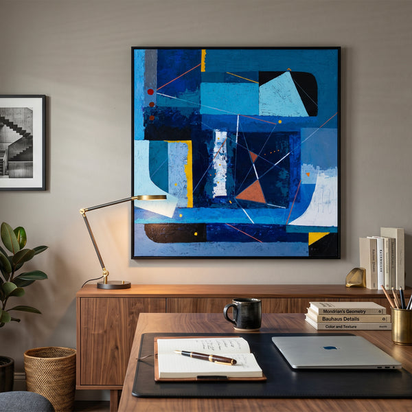 Bold Blue Geometric Abstract Wall Art — Modern Original Oil Painting, Textured Canvas — "Nexus Tacitus"
