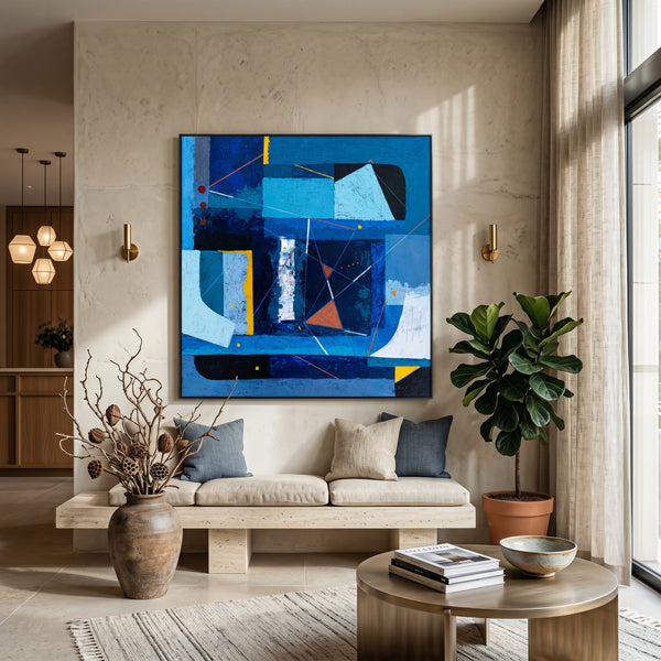 Bold Blue Geometric Abstract Wall Art — Modern Original Oil Painting, Textured Canvas — "Nexus Tacitus"