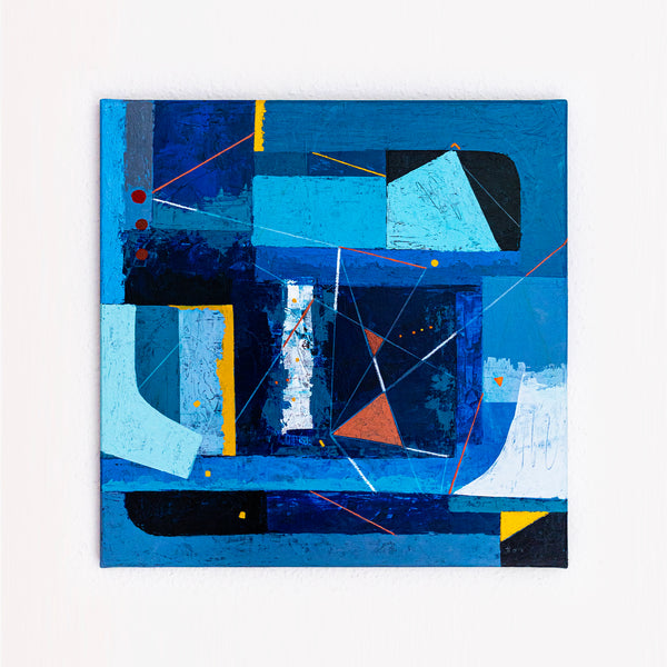 Bold Blue Geometric Abstract Wall Art — Modern Original Oil Painting, Textured Canvas — "Nexus Tacitus"