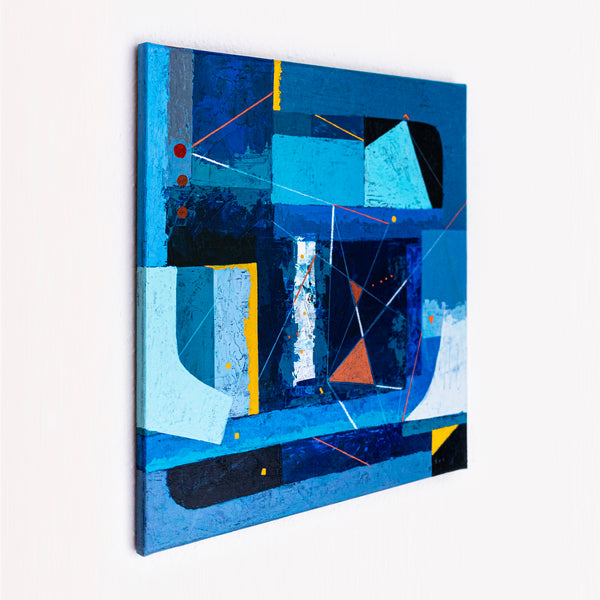 Bold Blue Geometric Abstract Wall Art — Modern Original Oil Painting, Textured Canvas — "Nexus Tacitus"