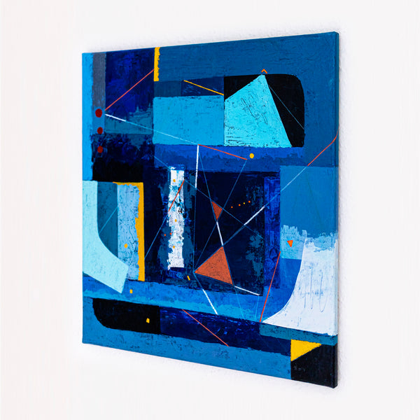 Bold Blue Geometric Abstract Wall Art — Modern Original Oil Painting, Textured Canvas — "Nexus Tacitus" (20"x20" | 51x51cm)