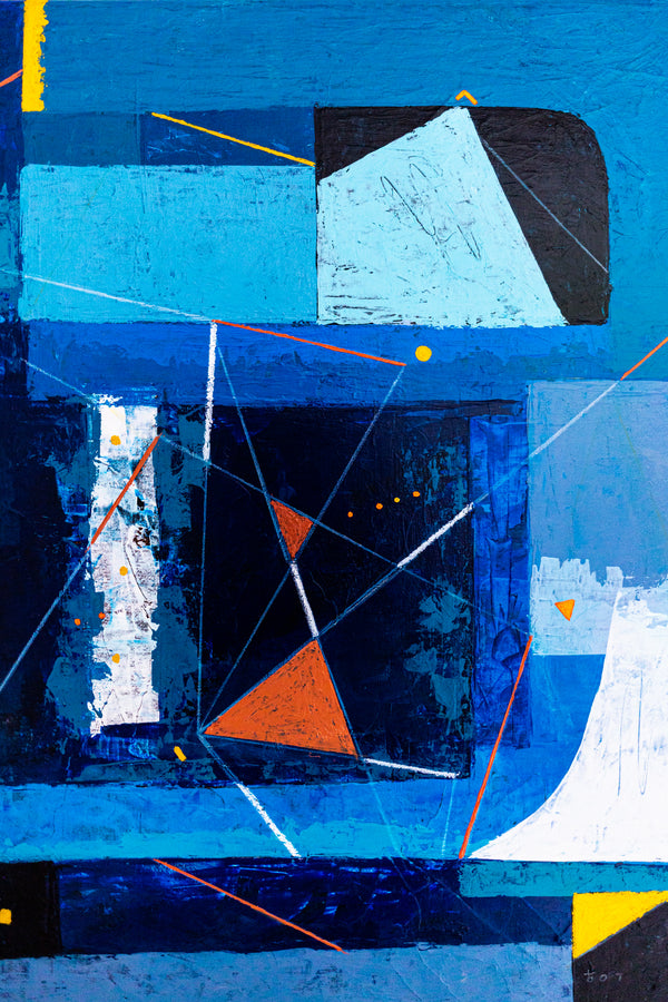 Bold Blue Geometric Abstract Wall Art — Modern Original Oil Painting, Textured Canvas — "Nexus Tacitus"
