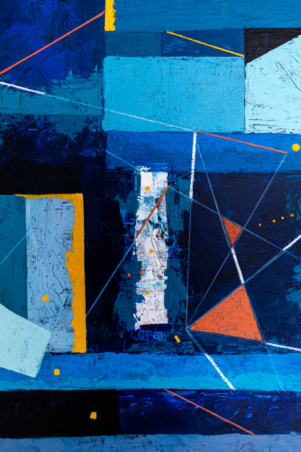 Bold Blue Geometric Abstract Wall Art — Modern Original Oil Painting, Textured Canvas — "Nexus Tacitus"