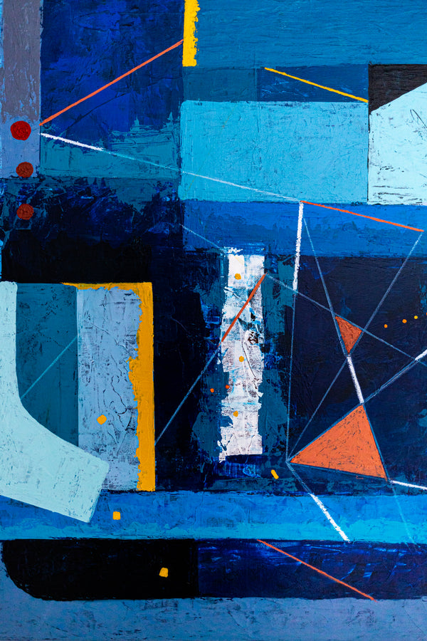 Bold Blue Geometric Abstract Wall Art — Modern Original Oil Painting, Textured Canvas — "Nexus Tacitus" (20"x20" | 51x51cm)