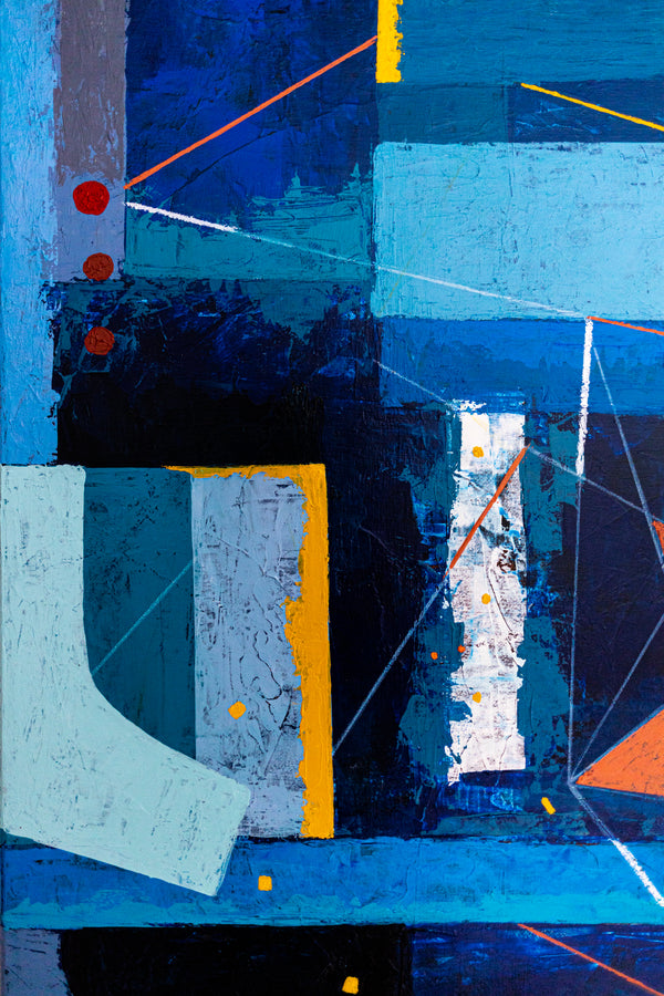 Bold Blue Geometric Abstract Wall Art — Modern Original Oil Painting, Textured Canvas — "Nexus Tacitus" (20"x20" | 51x51cm)
