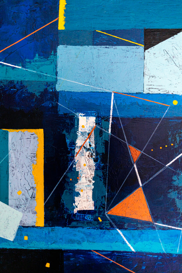 Bold Blue Geometric Abstract Wall Art — Modern Original Oil Painting, Textured Canvas — "Nexus Tacitus" (20"x20" | 51x51cm)