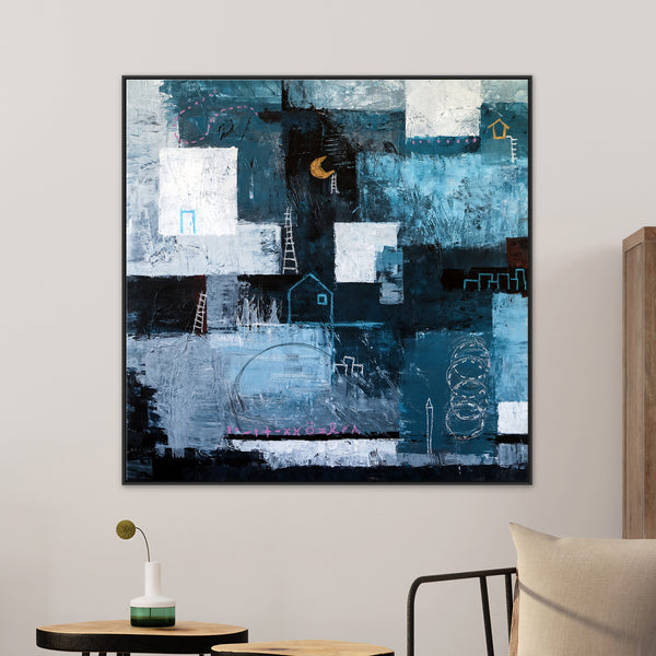Original Abstract Painting in Acrylic, Evocative Large Modern Canvas Wall Art of Nostalgic Nightscapes | Night Town